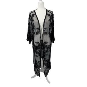 Black Sheer Mesh Crochet Kimono Duster Cardigan M Oversized Whimsigoth Boho
